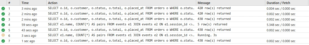 The query history pane. Row 6, marked with an amber dot, reads Running at 3 seconds for a join across the events table. Row 7, one second later and marked complete, reads 438 rows returned in 0.002 seconds.