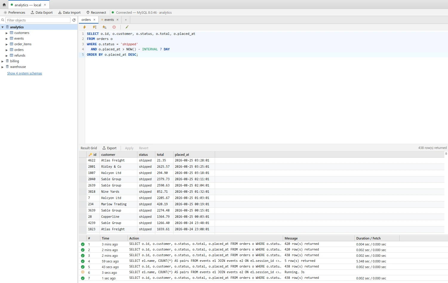 Two query tabs open on one connection. The tab bar shows the events tab with a running indicator while the orders tab is in front, and the history pane at the bottom shows the events query still Running at 3s on one row while the orders query on the row below it returned 438 rows in 0.002 sec.